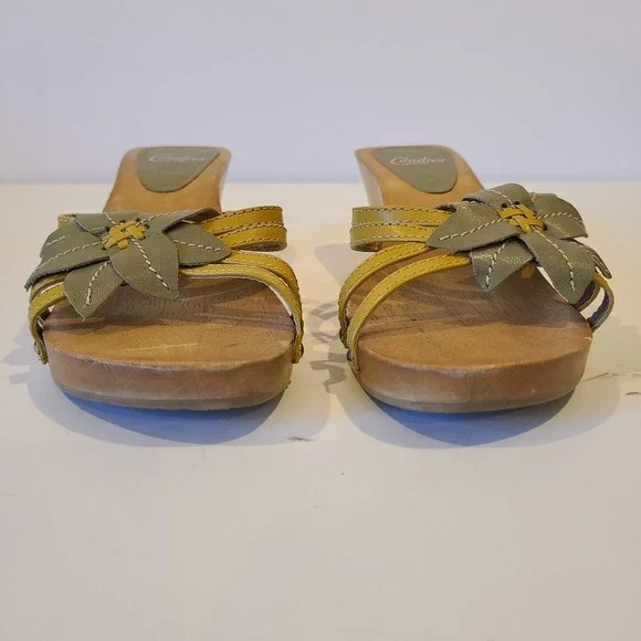 VTG Candies Leather Wooden Platform 6.5 Flower Y2K‎ Heels Sandals Yellow Brown - Picture 9 of 10